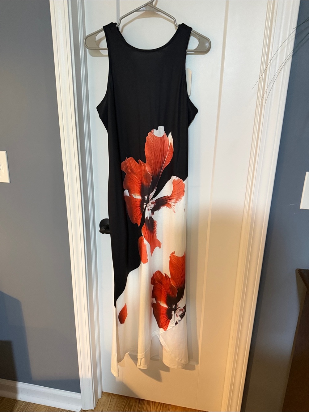 Black & White Maxi Dress with Red Floral Print